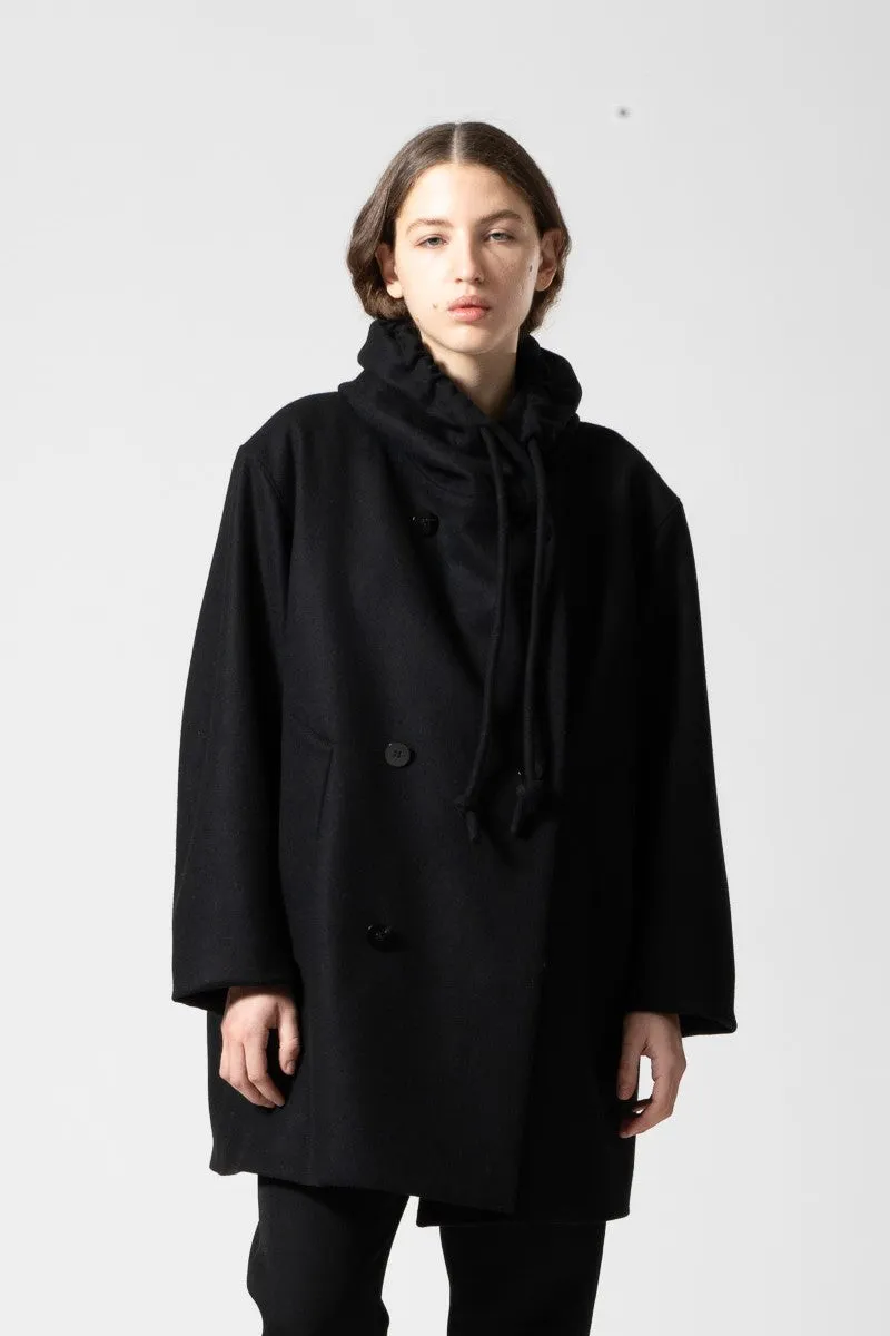 Wool Melton Peacoat with Hood in Black