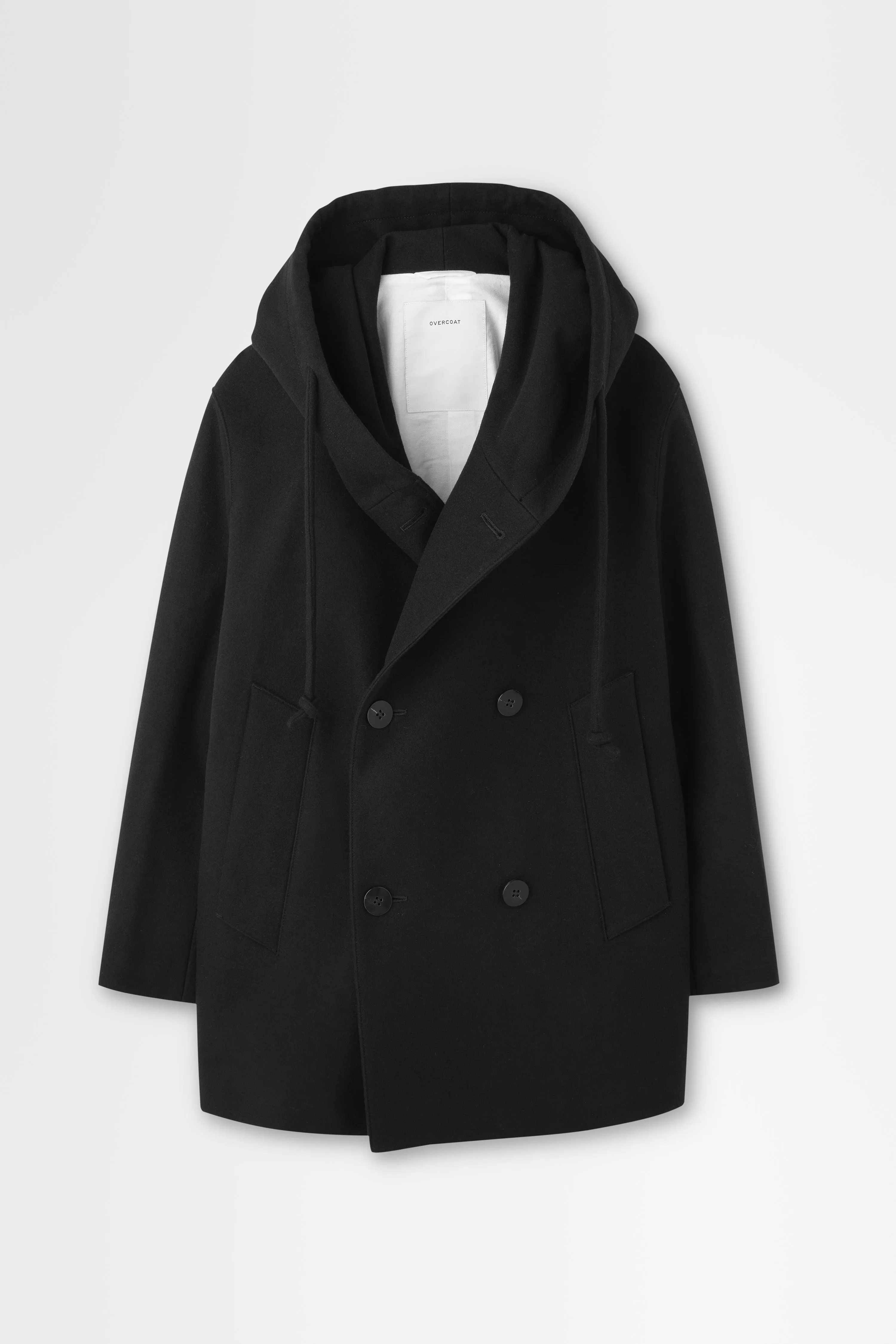 Wool Melton Peacoat with Hood in Black