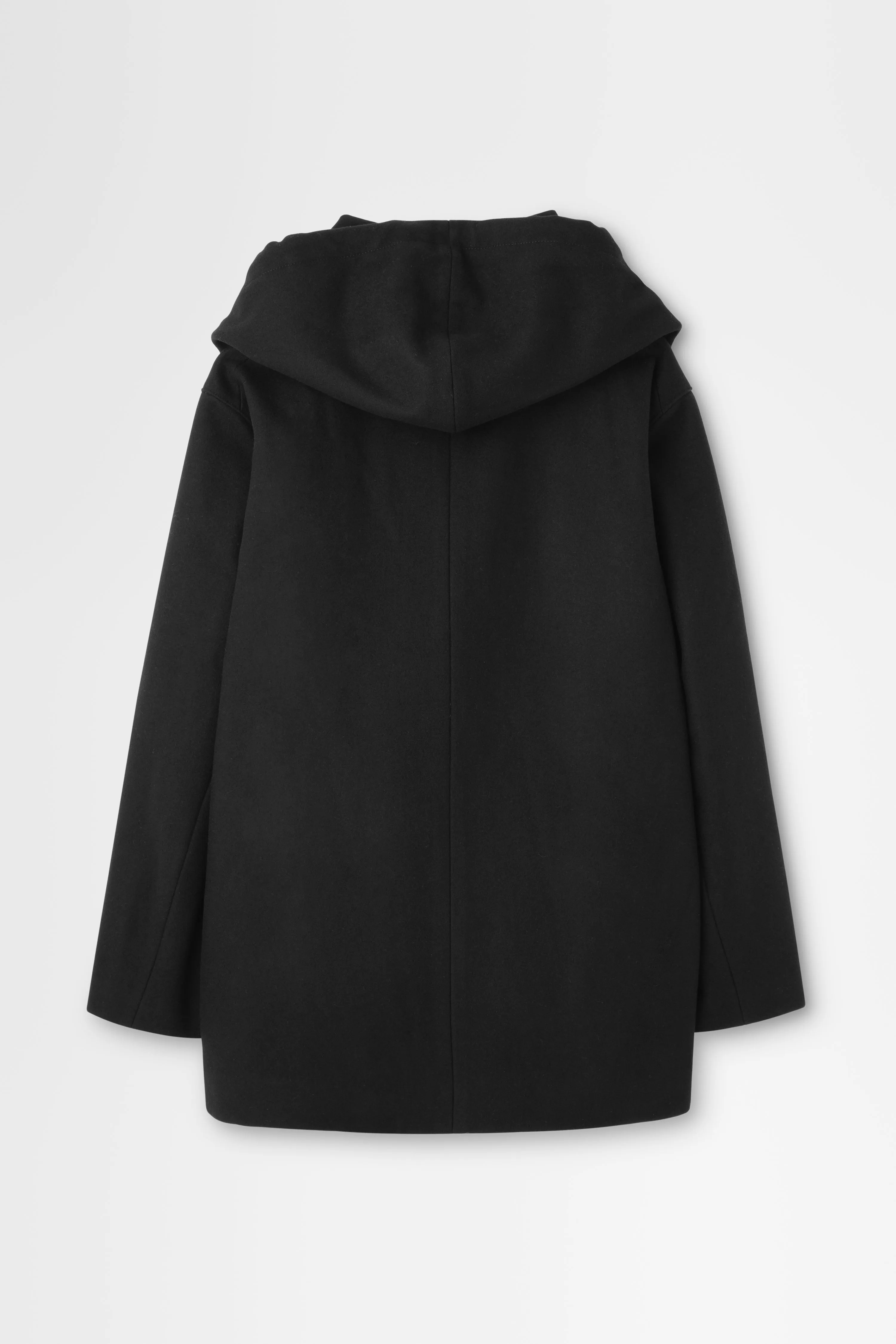 Wool Melton Peacoat with Hood in Black