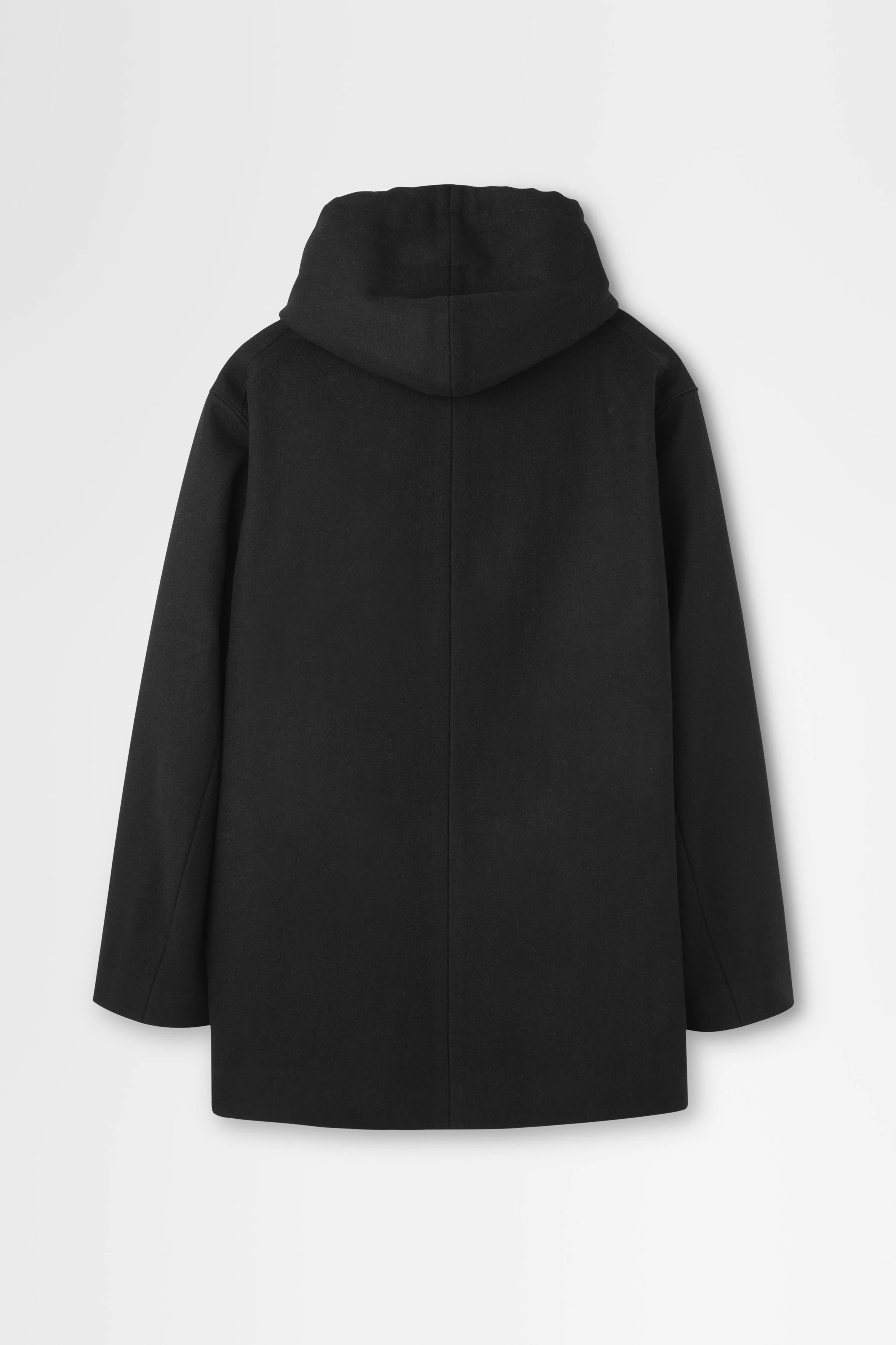 Wool Melton Peacoat with Hood in Black