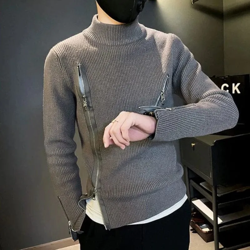 Zipper Collared Men's Motorcycle Knitted Sweater Streetwear Pullover